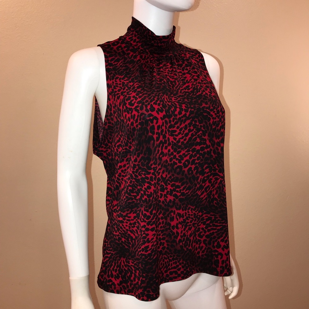 KC Steven Sleeveless Halter Top Size Large Red Black Animal Print Touch of Bling